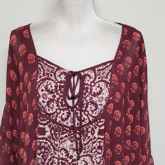 FREE People Marla Dreams Red Paisley Boho Flutter Sleeve Mini Kaftan Dress XS - Picture 3 of 12